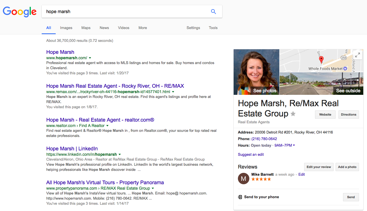 Hope Marsh Google search results